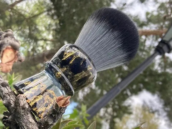 Shaving brush with handcrafted resin handle