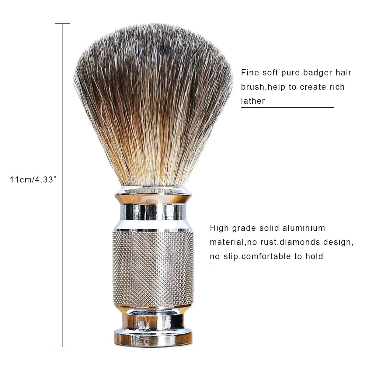 Elegant shaving brush with pure badger bristles and a non-slip aluminum handle