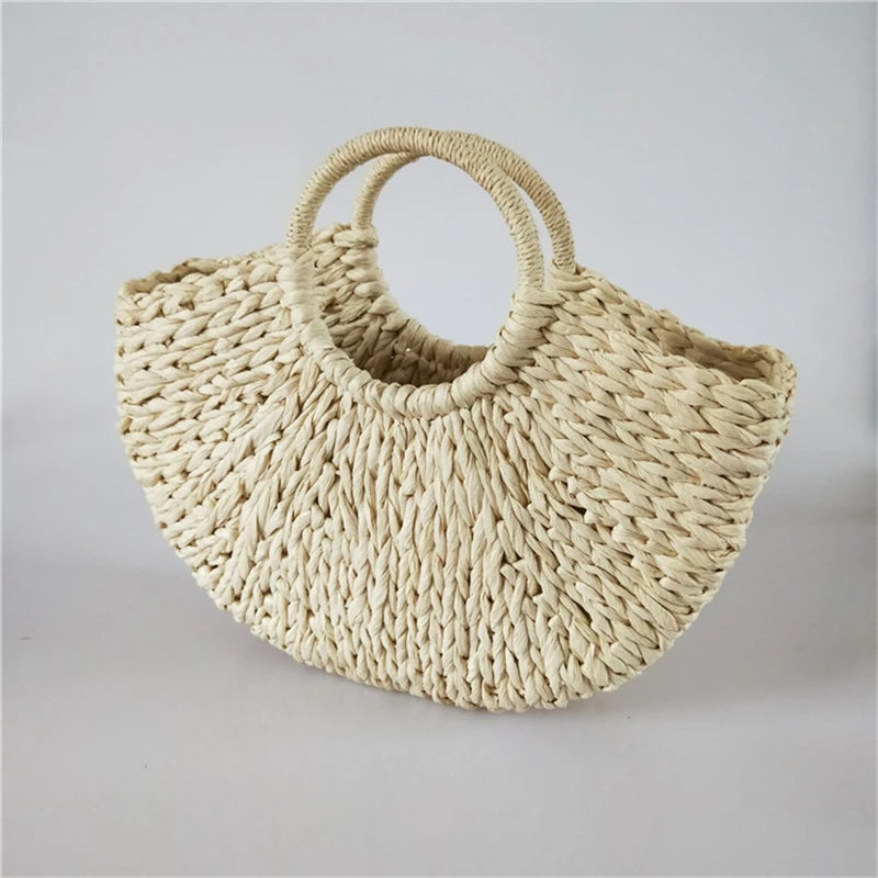 Boho Summer Straw Half-Moon Bag