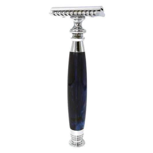 Elegant safety razor in stainless steel with a blue and black resin handle